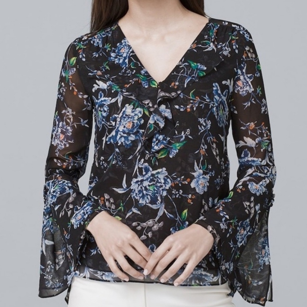 WHBM Black Floral Ruffle Blouse